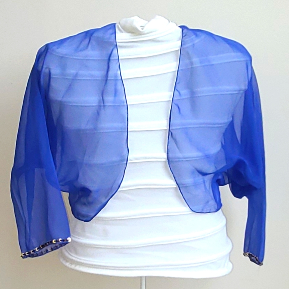 Royal Blue Sheer Shrug w/ Gold Sequins Trim